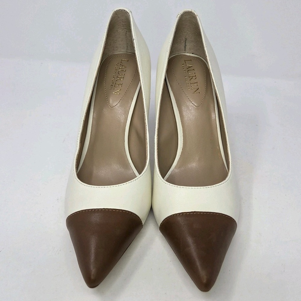 Lauren Ralph Lauren Lindella Cream Brown Leather Cap Toe Pumps Heels Size 7B